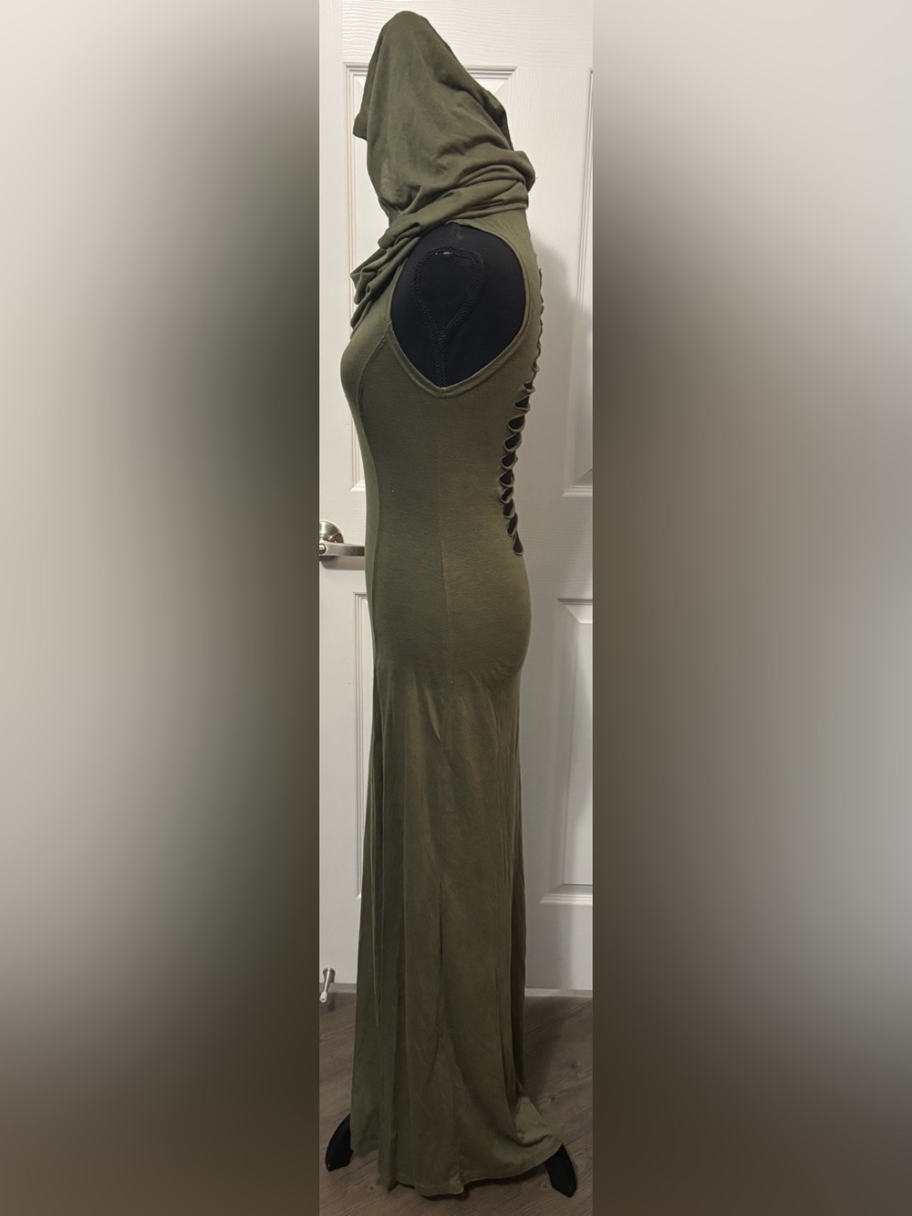 Dolls Kill / Darker Wavs Green Echo Hooded Slit Maxi Dress - Picture 4 of 8